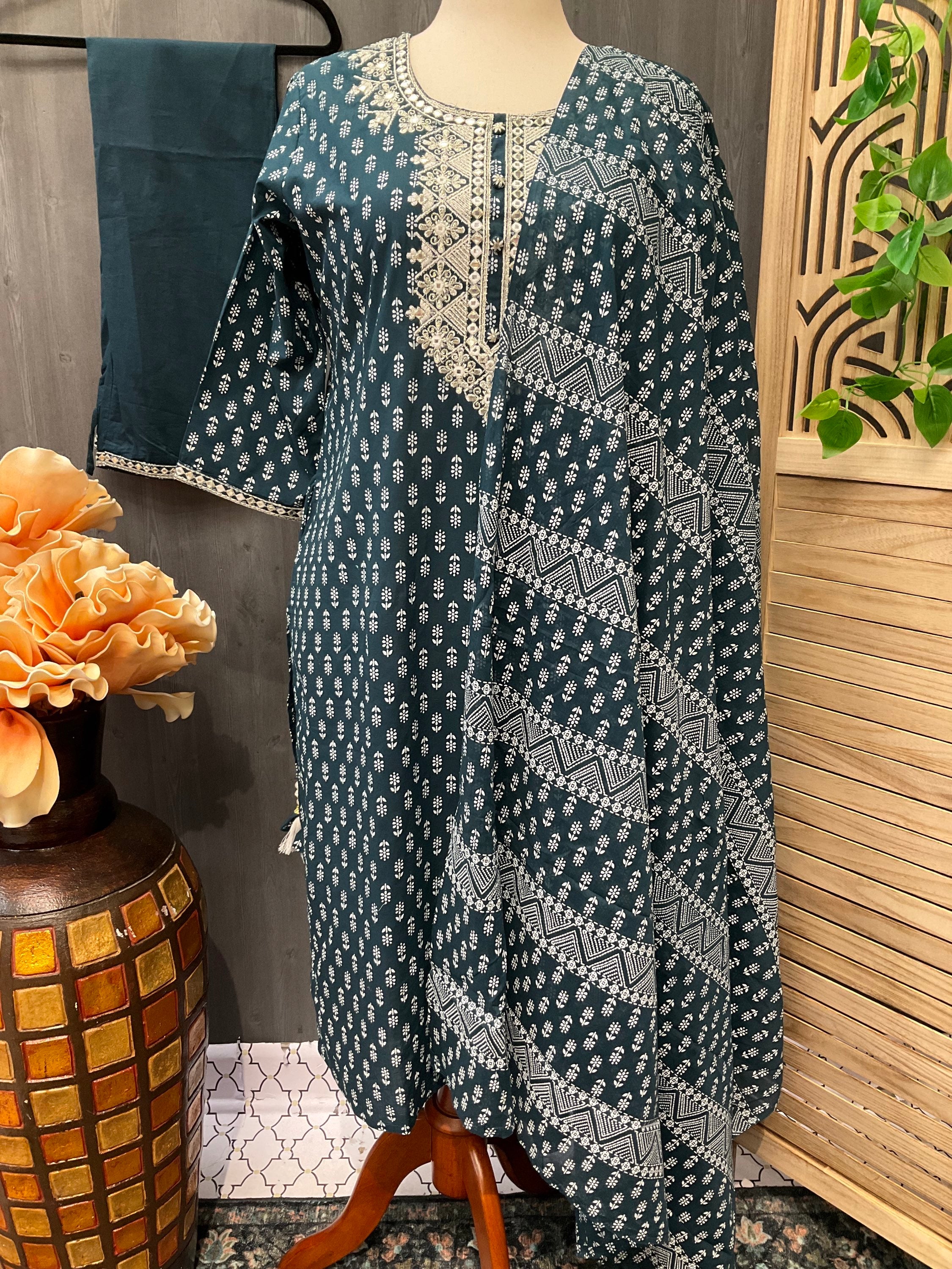 Plus Size- Teal Blue Color Pure Cotton Kurti set image 0