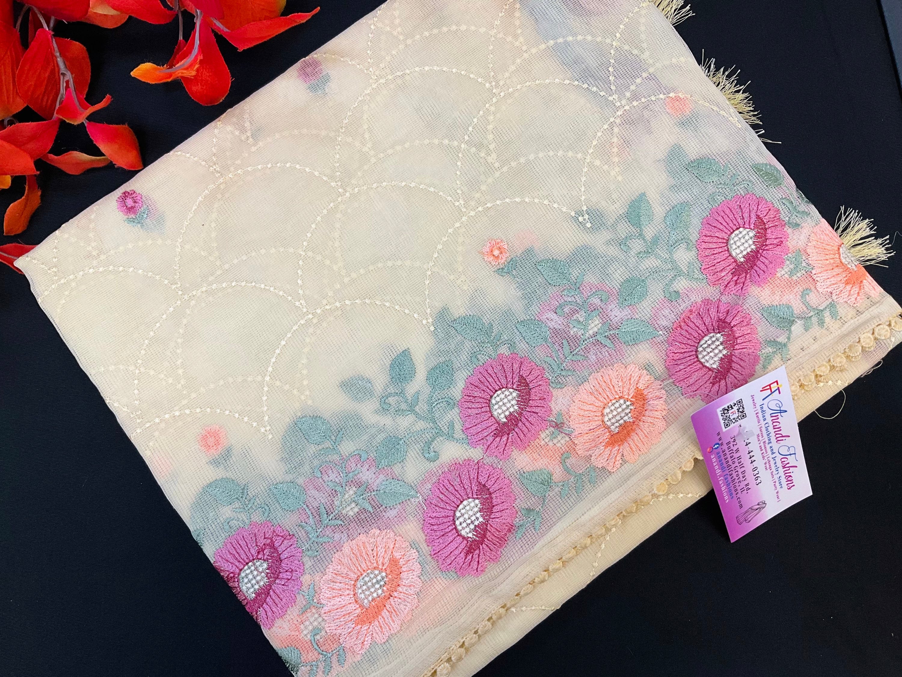 Light yellow super net saree with embroidery  image 3