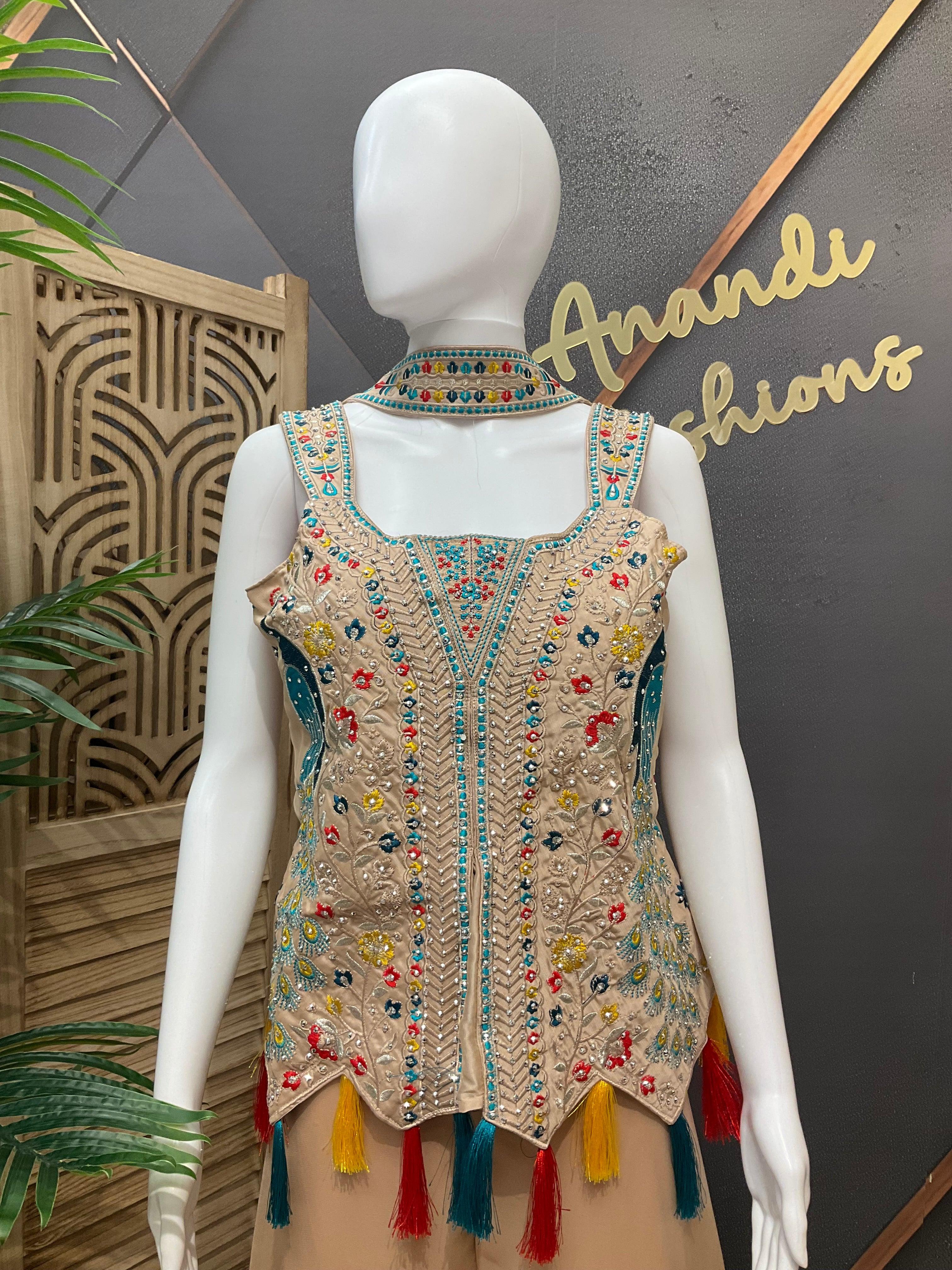 Party Wear Palazzo Set - Peacock Design | Satin Silk