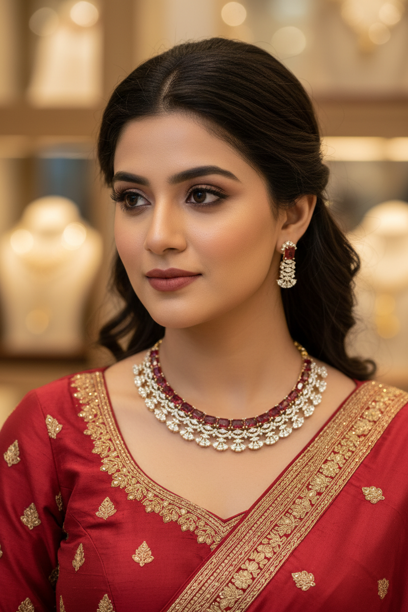 Woman in a red embroidered Indian ethnic dress wearing a diamond and ruby necklace and matching earrings in a jewelry store