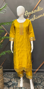 Mustard Yellow Party Wear Kurti Set - Roman Silk with Digital Print Dupatta
