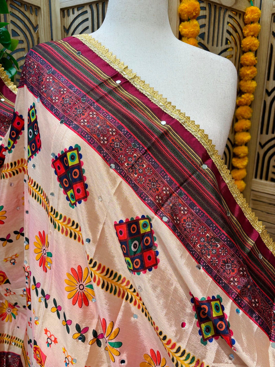 Peach Color Digital Print Chinon Dupatta