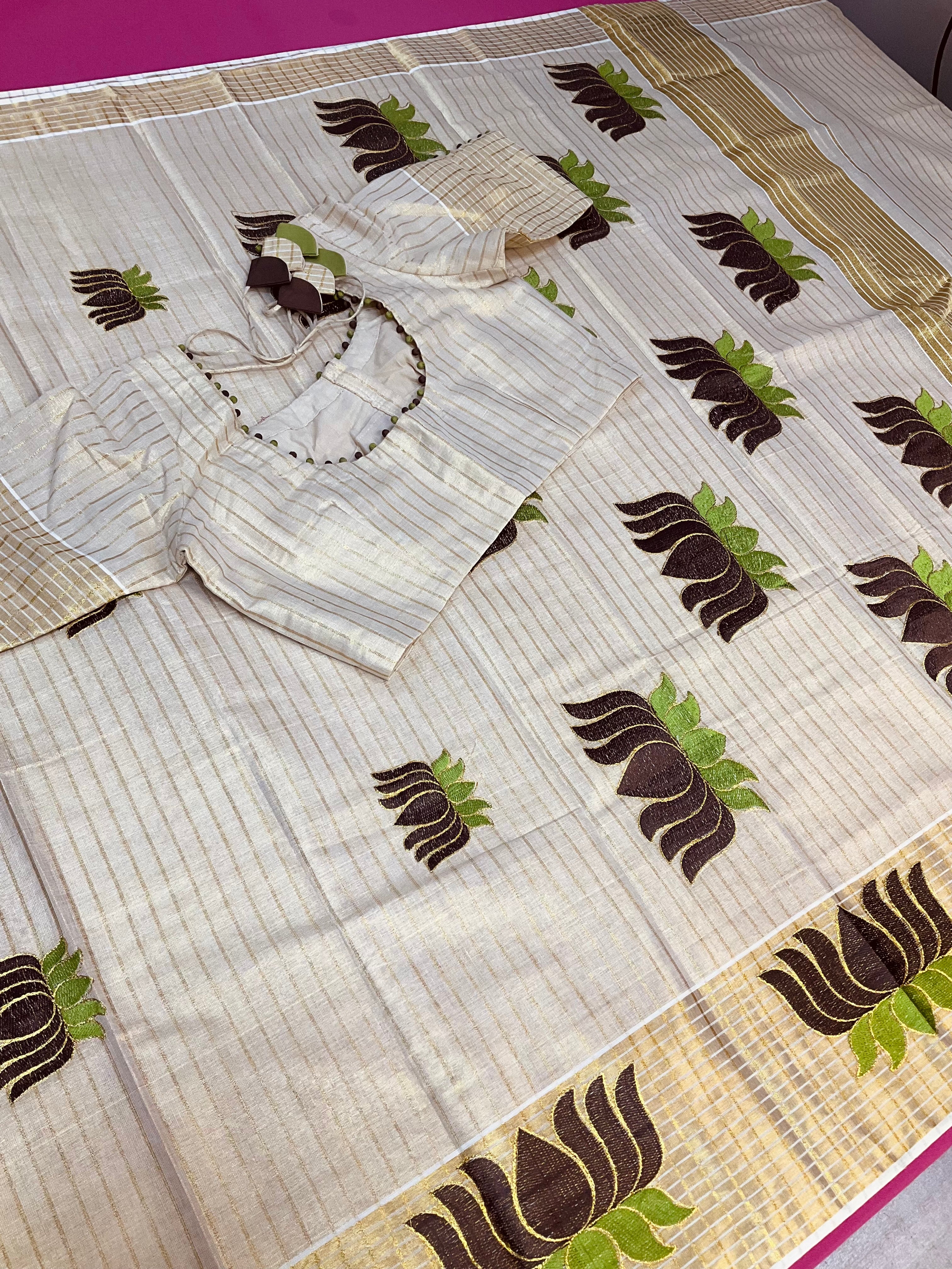 Lotus Embroidery Design Kerala saree with blouse