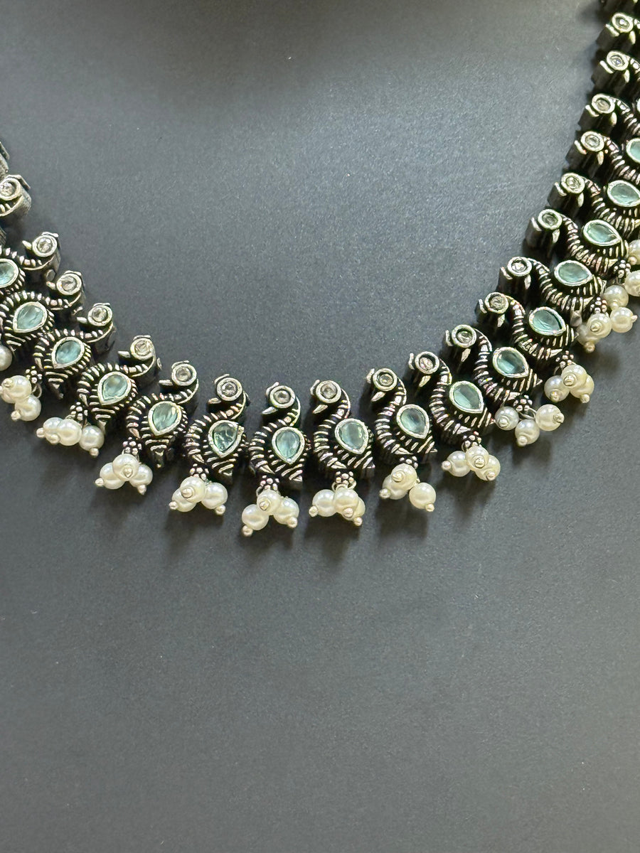 German Silver Pastel Blue Peacock Necklace set