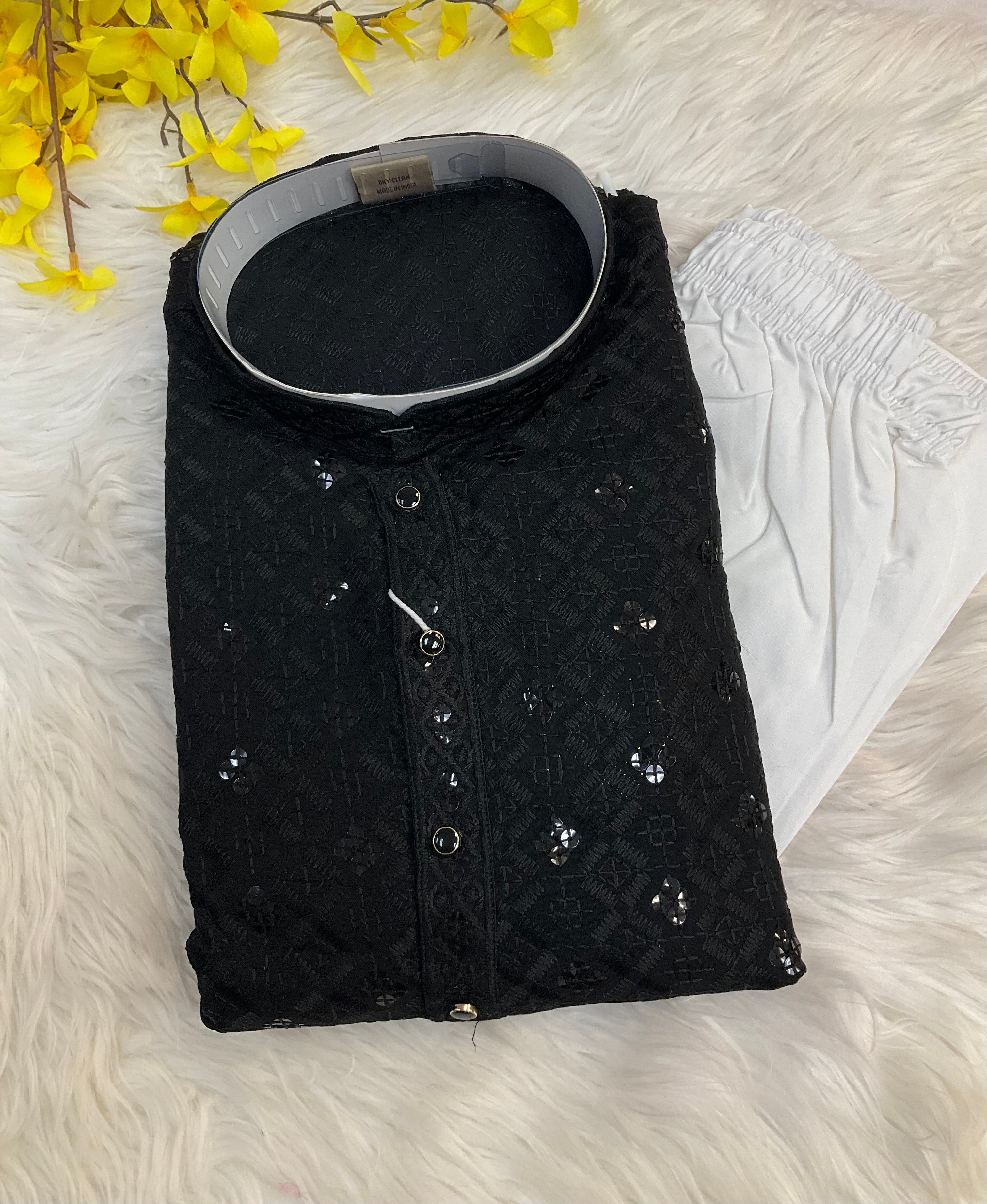 Plus Size Black Rayon Chikankari Men’s wear Kurta set