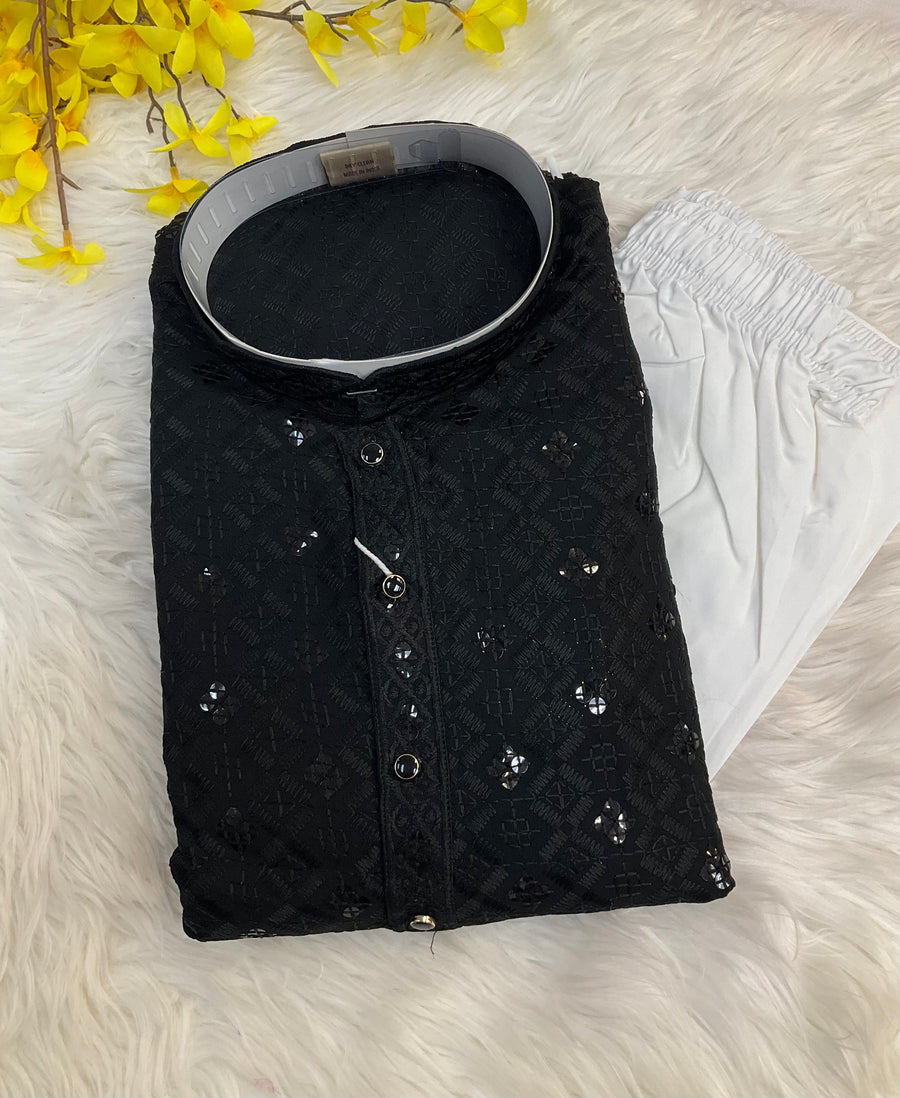 Plus Size Black Rayon Chikankari Men’s wear Kurta set