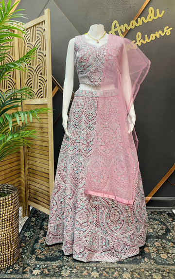 Pastel Net Lehenga Set with Real Mirror Work - Heavy Party Wear