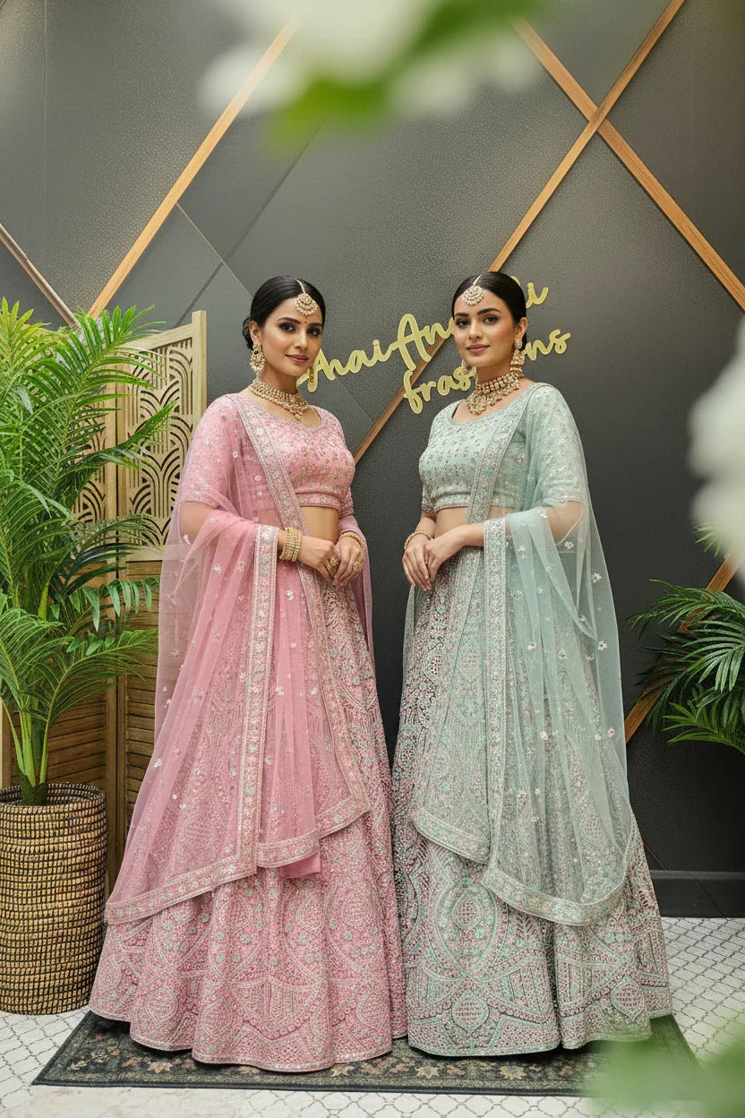 Two women wearing embroidered pink and mint green lehengas with matching jewelry, standing indoors at Anandi Fashions