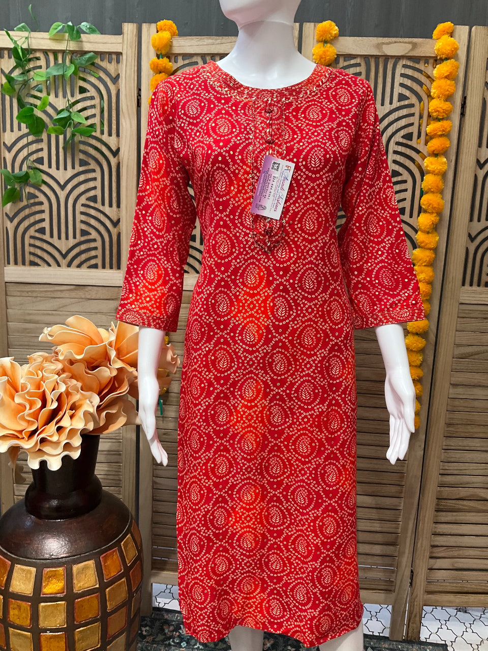 Red Bandhani Rayon Kurti image 0