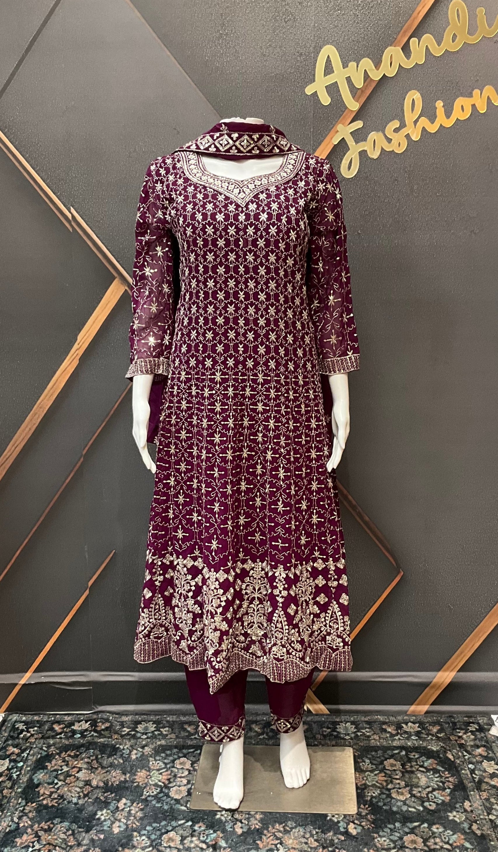 Wine Georgette Anarkali Model Party Wear Kurti set