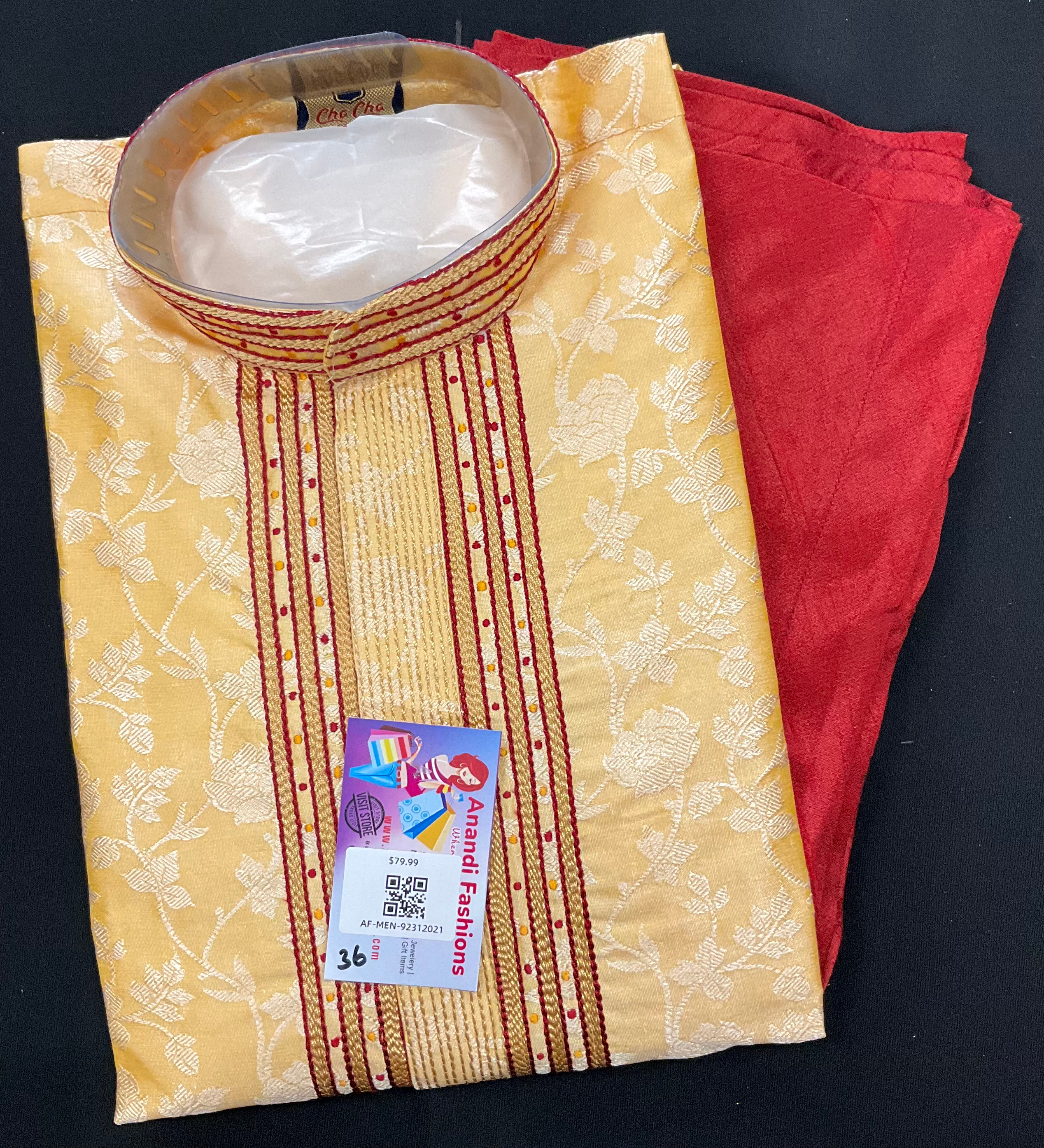 Size 36-Embroidered Kurta - Yellow Kurta with Red Pajama image 0