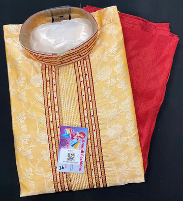 Size 36-Embroidered Kurta - Yellow Kurta with Red Pajama