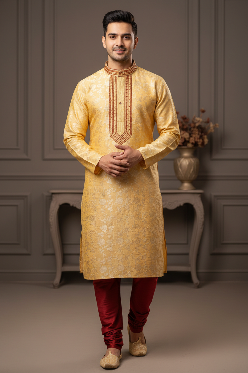 Size 36-Embroidered Kurta - Yellow Kurta with Red Pajama