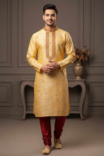 Size 36-Embroidered Kurta - Yellow Kurta with Red Pajama