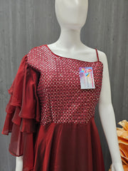 One-Shoulder Party Wear Long Dress - Sequin Foil Mirror Design