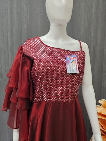 One-Shoulder Party Wear Long Dress - Sequin Foil Mirror Design