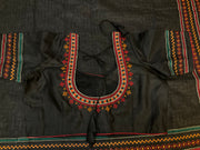 Black Designer Kantha Work Tussar Saree with Stitched Blouse