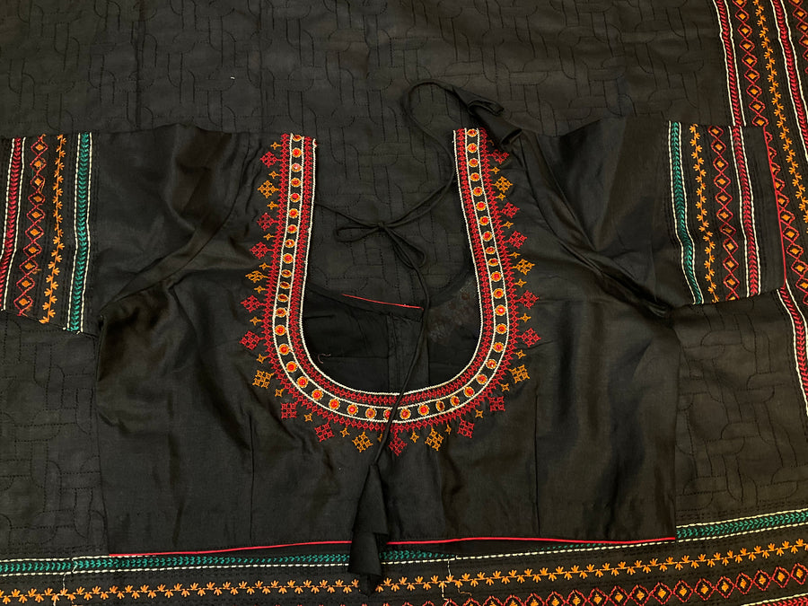 Black Designer Kantha Work Tussar Saree with Stitched Blouse