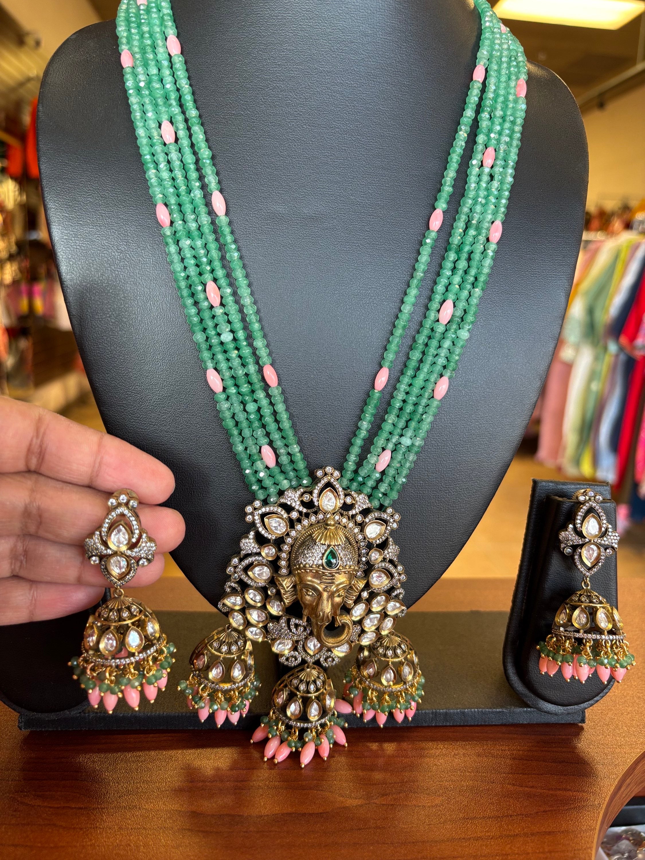 Beads Mala with Victorian Ganesha Pendant and jhumkas image 1