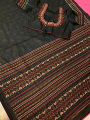 Black Designer Kantha Work Tussar Saree with Stitched Blouse