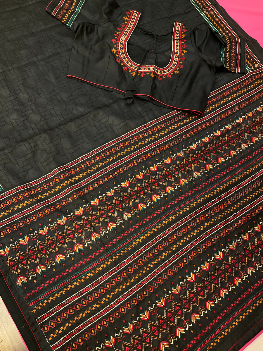 Black Designer Kantha Work Tussar Saree with Stitched Blouse