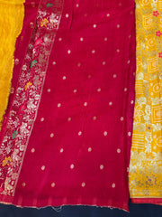 Mango Yellow Bhandhini Weaving Saree - Premium Quality with Bead Embroidery & Red Blouse