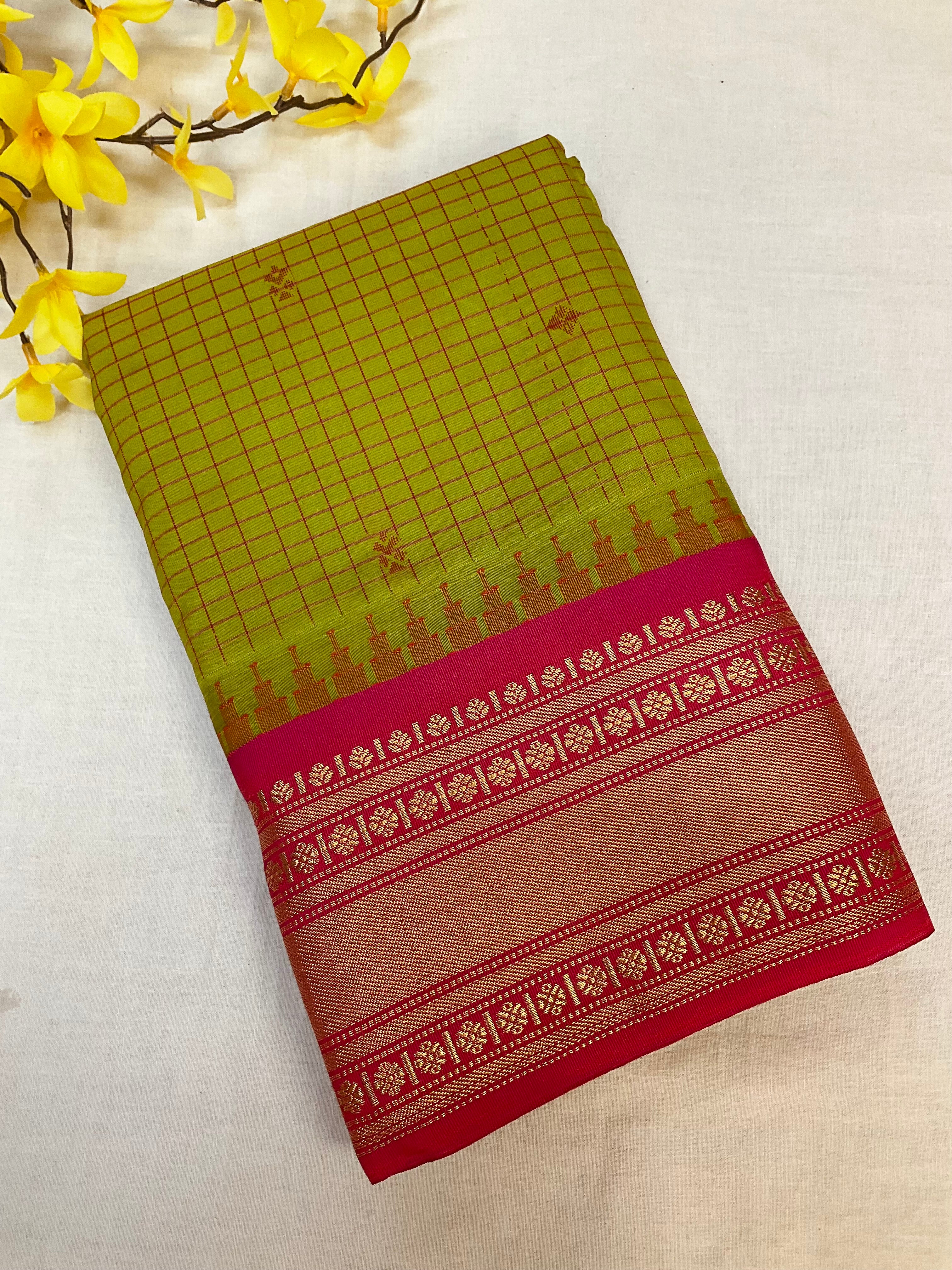 Parrot Green Checks - Semi Gadwal Silk Saree