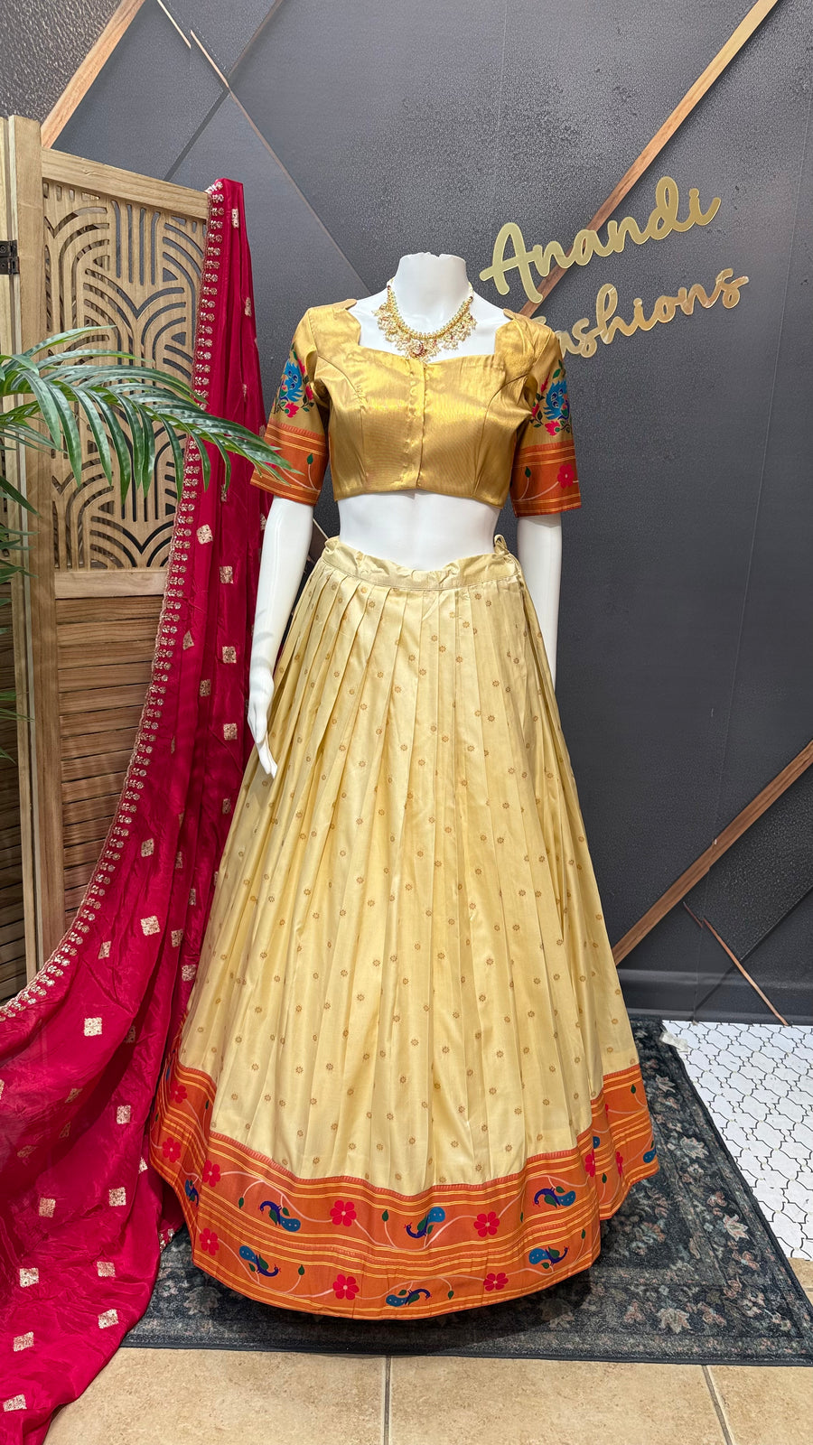 Teenage Girls Semi Paithani Half Saree/Lehenga set in Beige Color