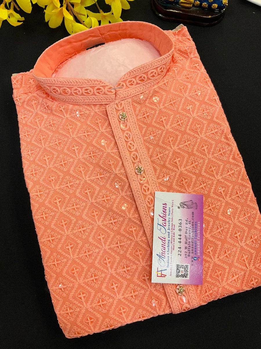 Boys Chikankari Kurta Pajama Set - Traditional Embroidery Kids Wear