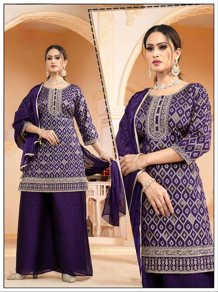 Purple Party Wear Palazzo Set - Full Brocade Design with Lining