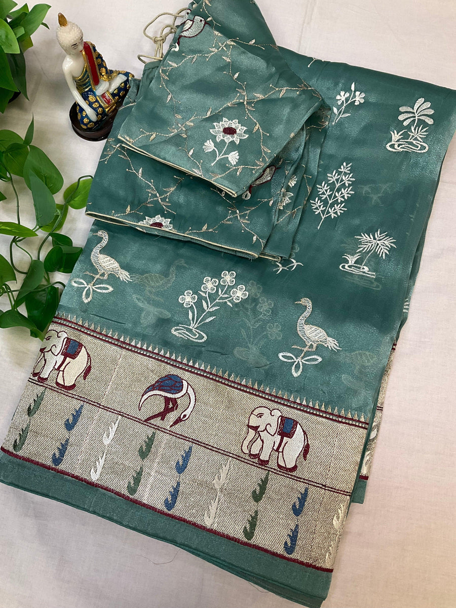 Orangza Tissue Saree with Embroidered & Stitched Blouse Saree with Stitched Blouse