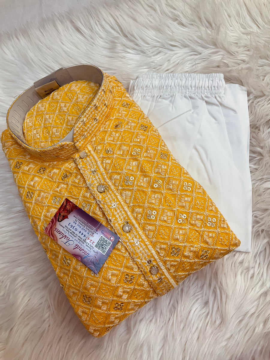 Yellow Chikankari Work Mens kurta set