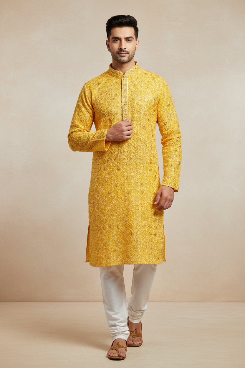Yellow Chikankari Work Mens kurta set - Mens - Kurta Set - Anandi Fashions