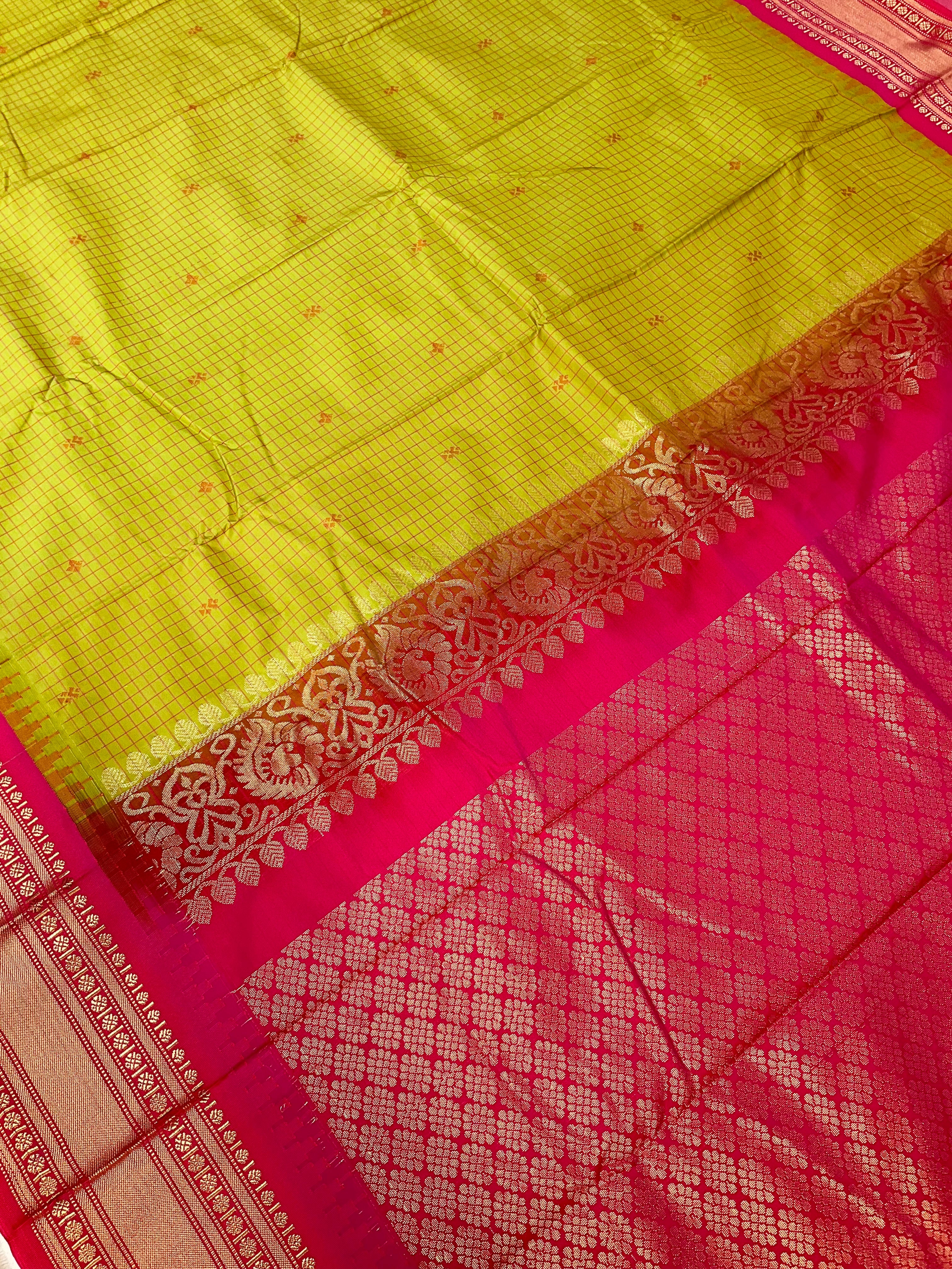 Parrot Green Checks - Semi Gadwal Silk Saree
