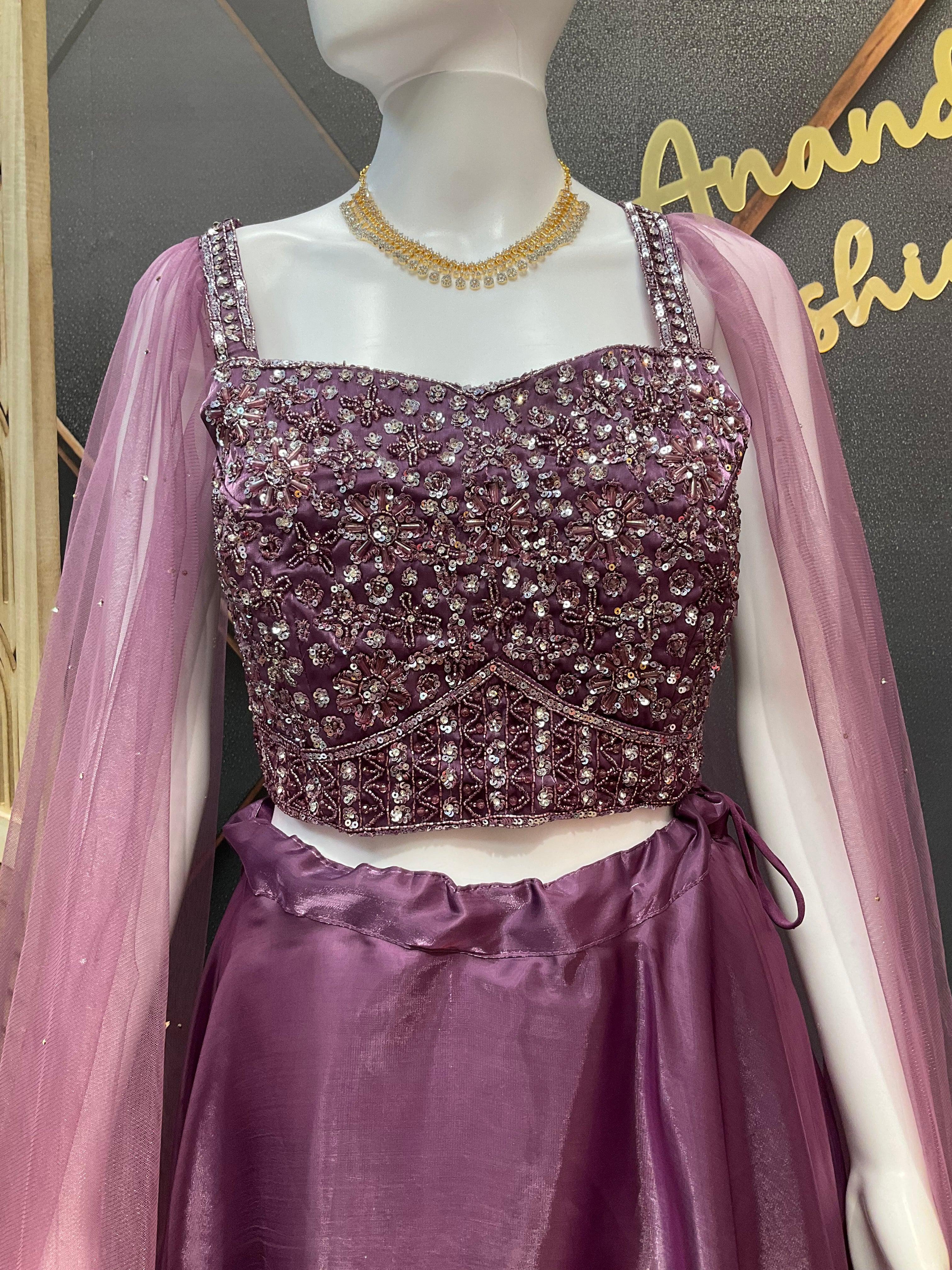 Fancy Satin Silk Lehenga Choli Set - Long Sleeves Party Wear