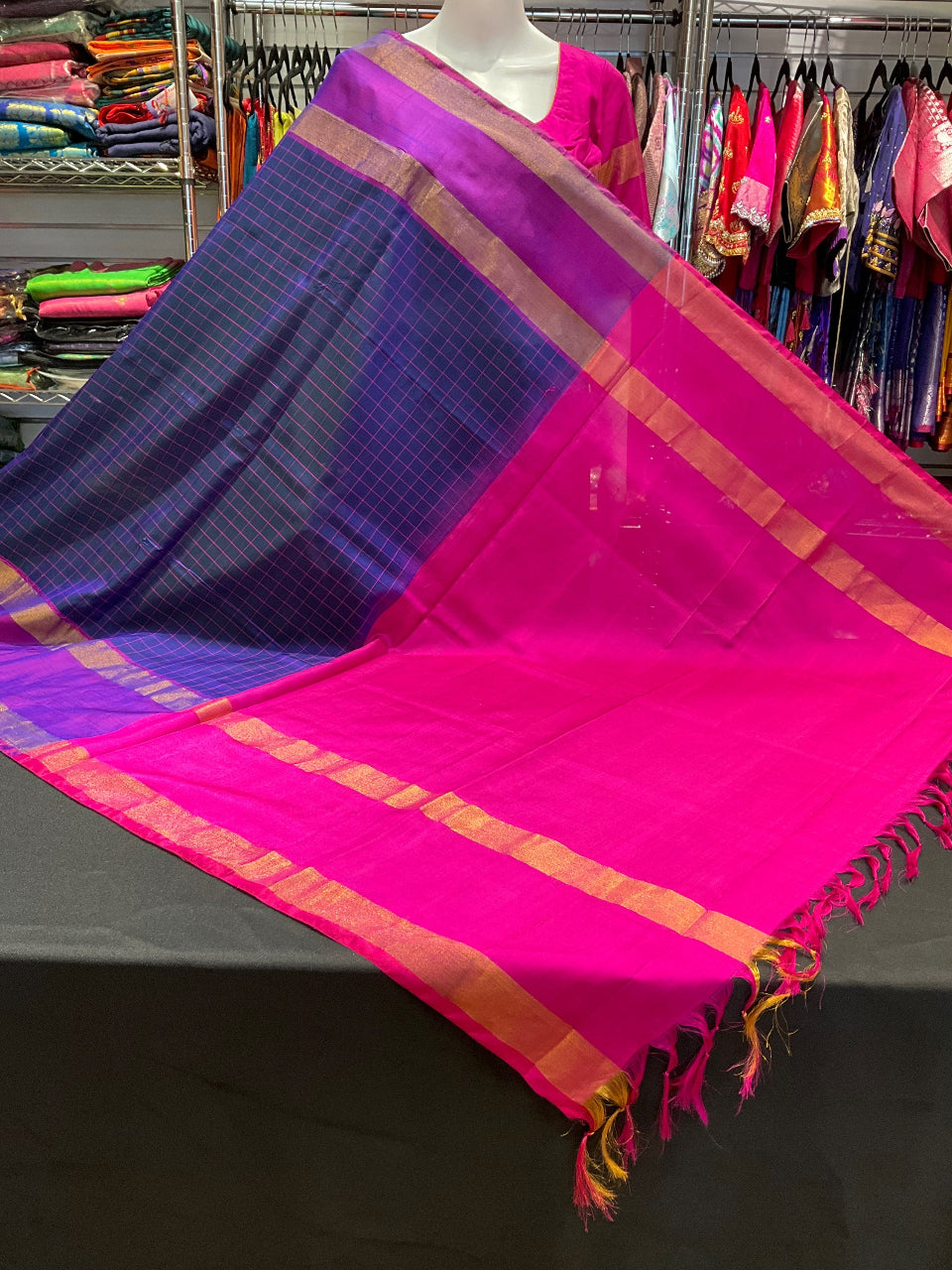 Premium Blue Checks Uppada Silk Saree with Stitched Blouse image 0