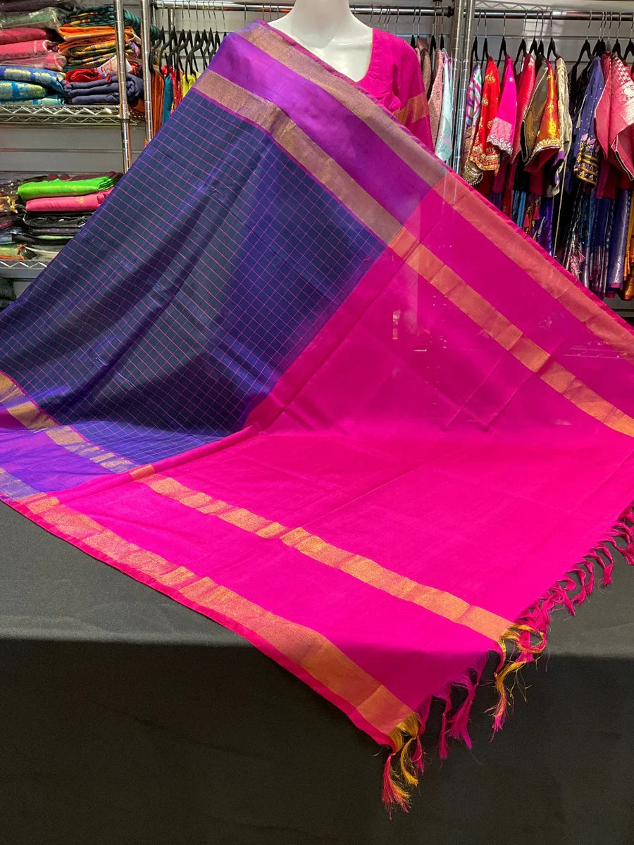 Premium Blue Checks Uppada Silk Saree with Stitched Blouse
