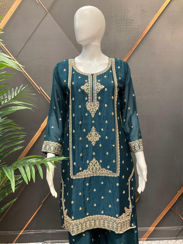Peacock Blue Party Wear Palazzo Set - Elegant Ethnic Wear
