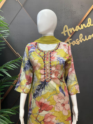 Floral Pattern - Satin Silk Kurti set