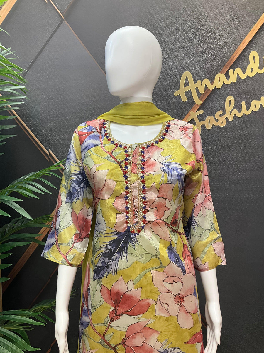 Floral Pattern - Satin Silk Kurti set