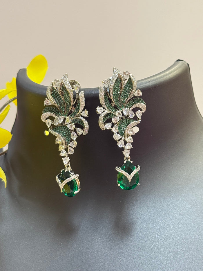Silver Finish - Emerald Green Earrings