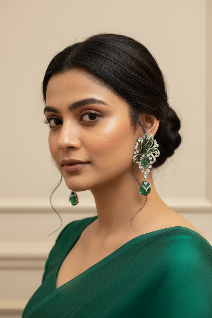 Silver Finish - Emerald Green Earrings