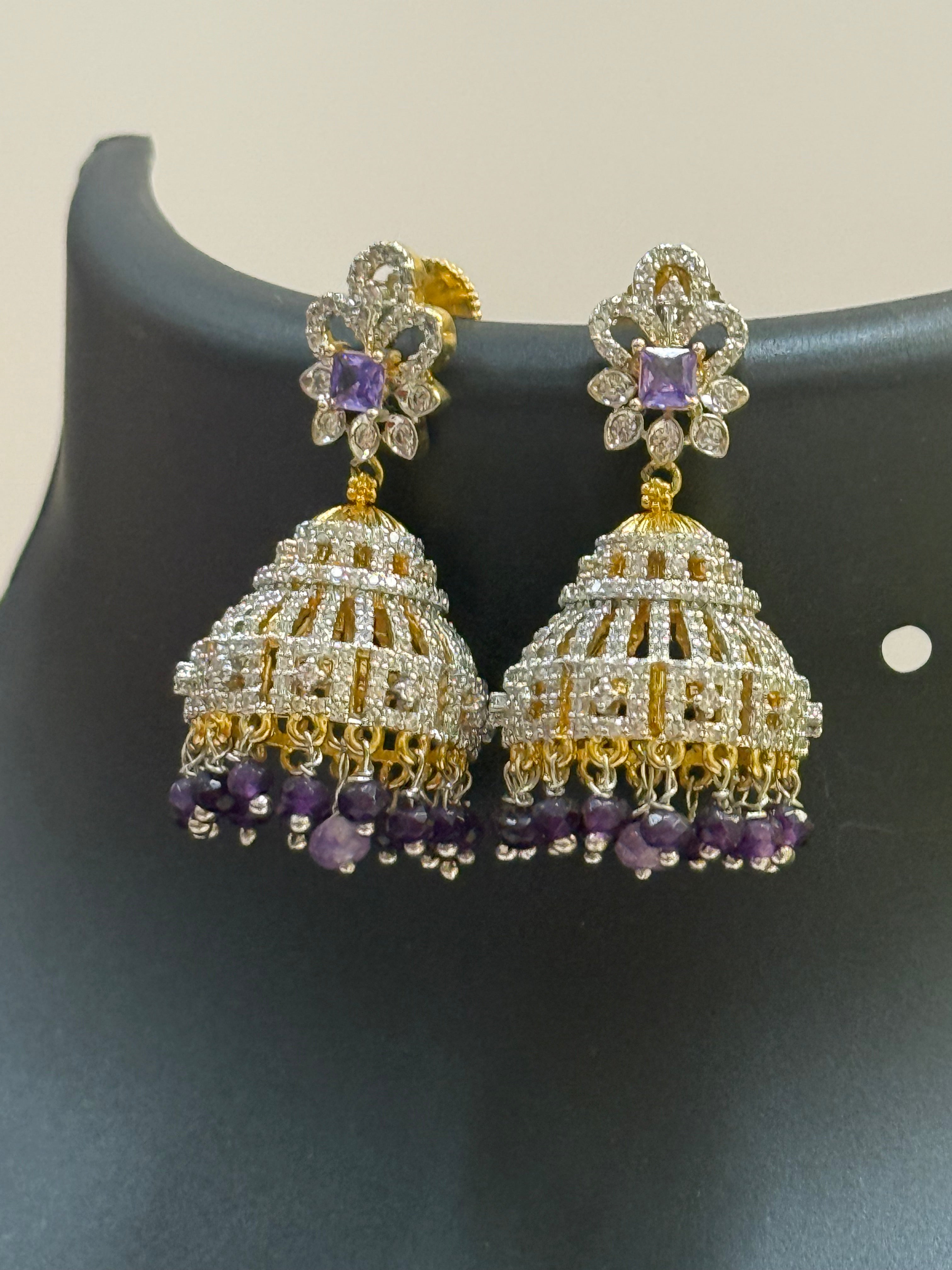 CZ Party Wear Earrings /Jhumkas with Purple Beads