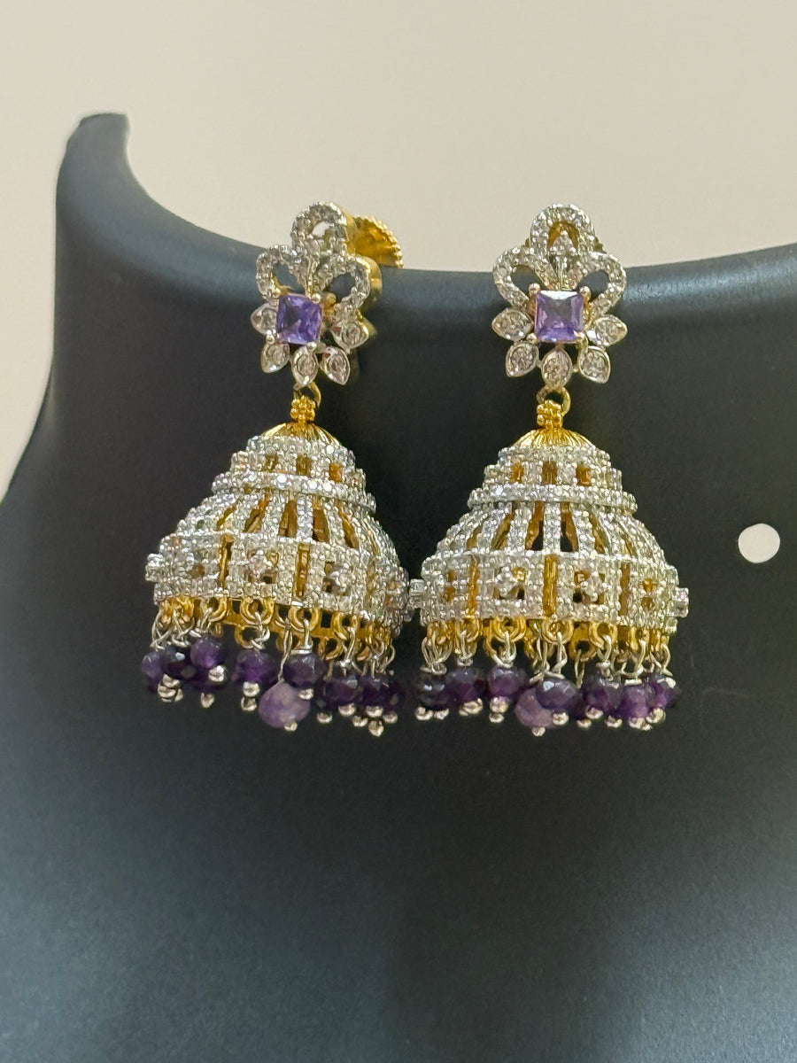 CZ Party Wear Earrings /Jhumkas with Purple Beads