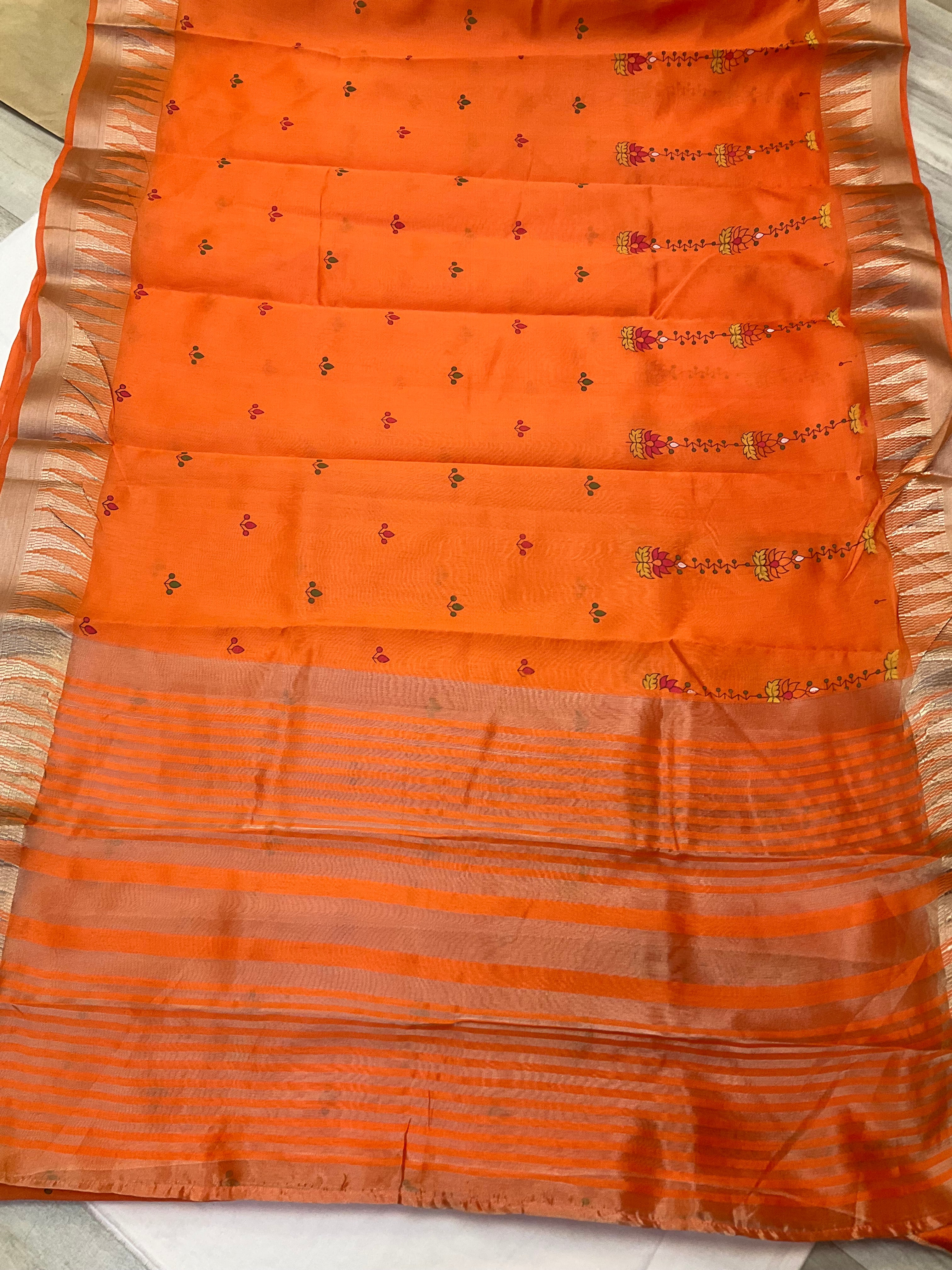 Fancy Orange Temple Border Saree