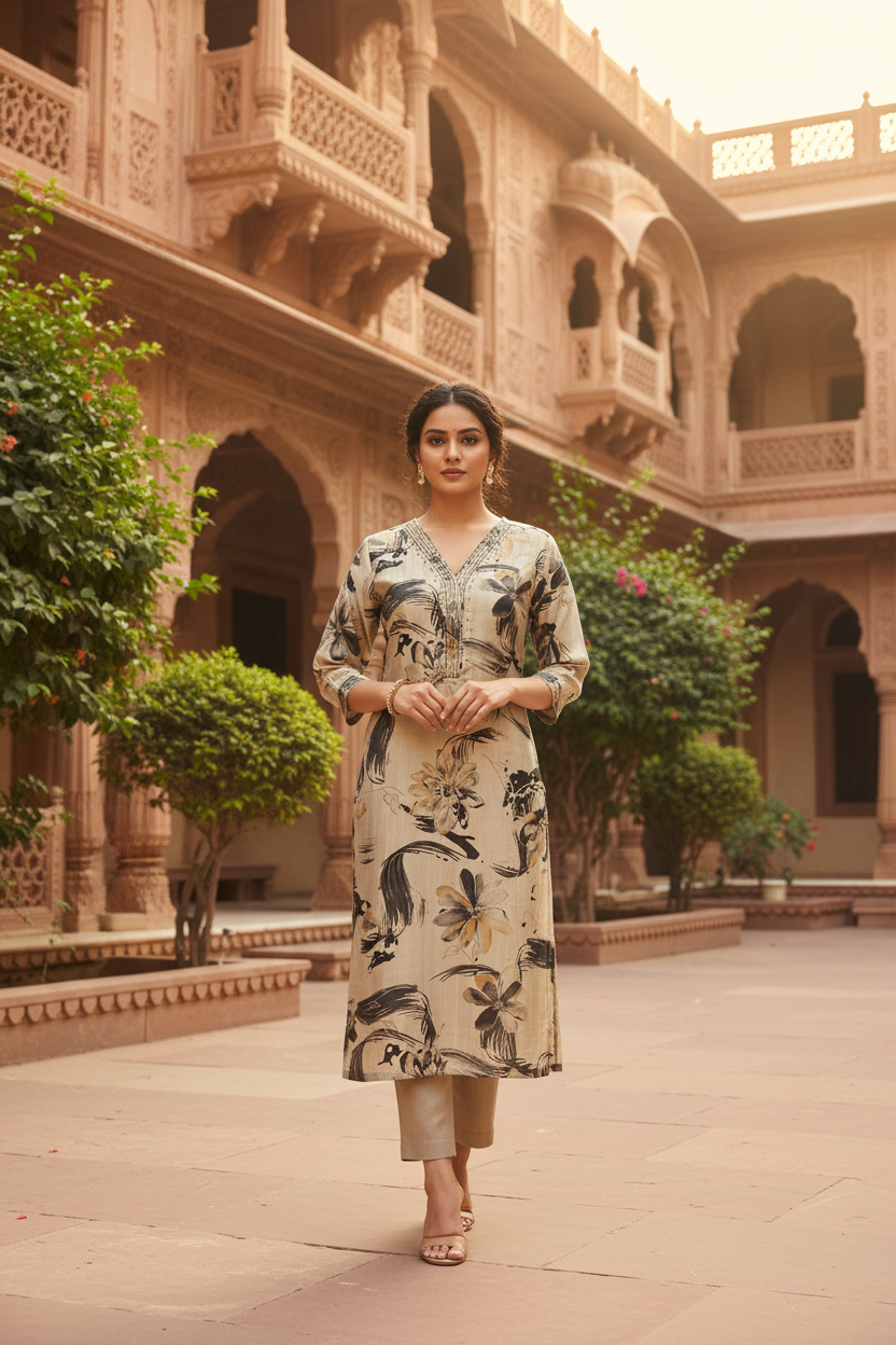 Women’s Light Grey Floral Cotton Kurti – Plus Size