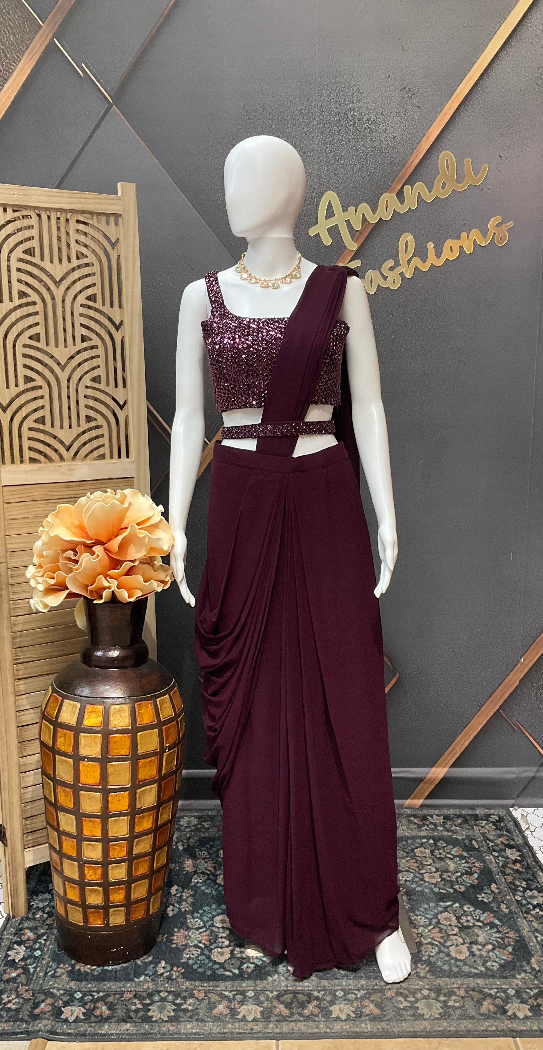 Wine color - Ready to Wear Saree