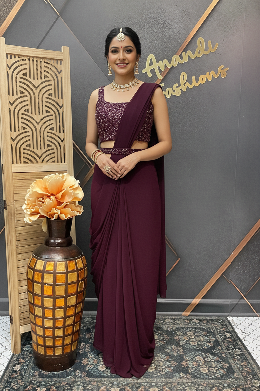 Wine color - Ready to Wear Saree