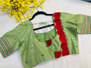 Green Linen Jamdhani weaving Saree with Stitched blouse
