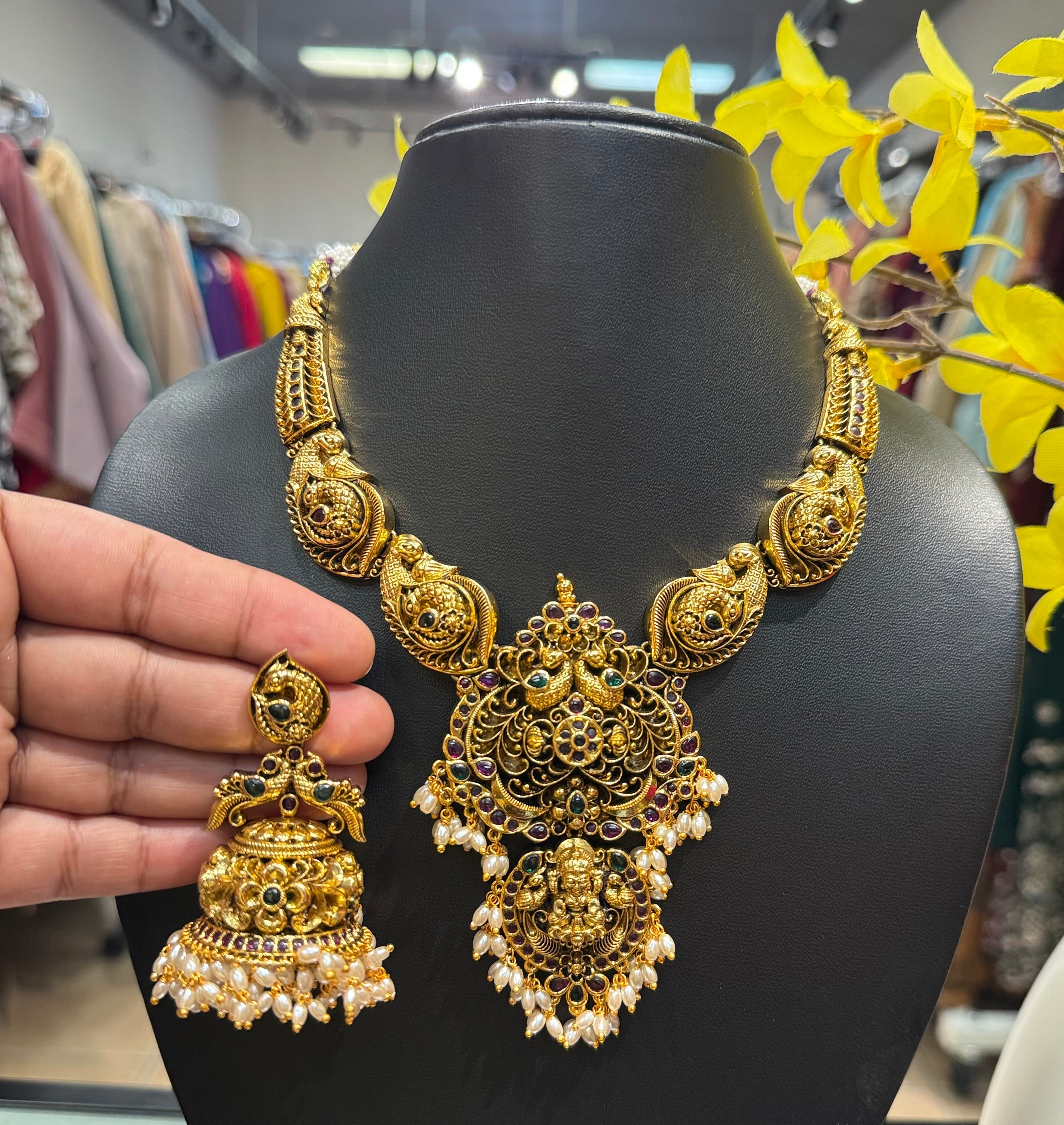MattFinish Heavy Lakshmi Necklace with Big Jhumkas